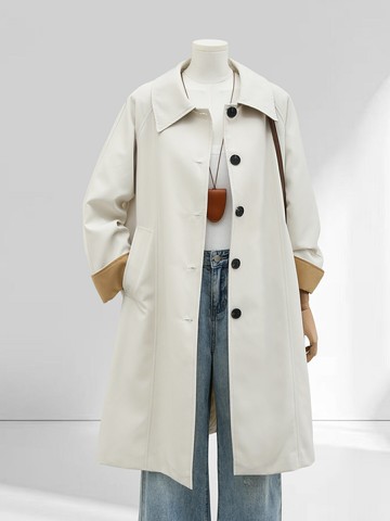 好康優選米白色風衣外套女2025春秋季新款韓系氣質簡約休閑寬松中長款大衣
