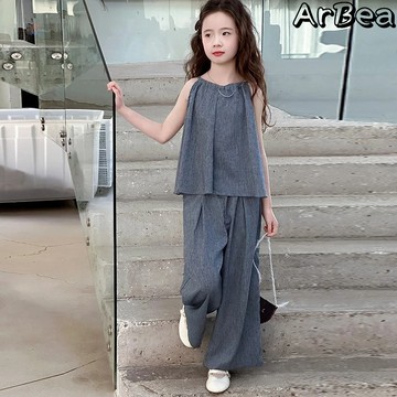 【Arbea】中大童120-170碼女童夏季韓國版休閒無袖吊帶寬腿褲麻棉套裝中大童海邊洋氣炸街夏裝【C1118】