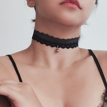 裸肌感 黑珍珠半透花邊蕾絲choker 深藍