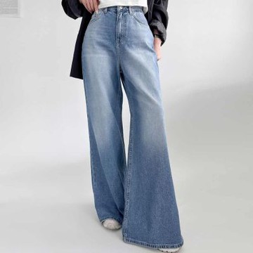 正韓牛仔褲 貓刷寬管長褲DOB0822-創翊韓都