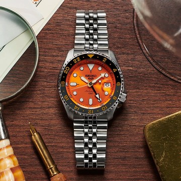 【SEIKO精工】5 Sports SSK005K1 鋼錶帶 GMT機械男錶 4R34-00A0U 橘/黑灰圈 台南時代