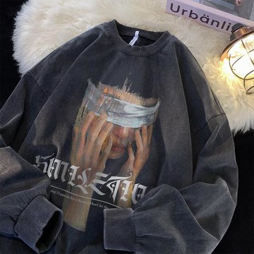 衛衣男春秋美式水洗做舊圓領長袖t恤重磅寬松潮牌hiphop高街外套