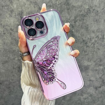 羽紗閃光 閃鑽流沙蝴蝶 適用於 蘋果 iPhone 12 13 14 15 16 Pro max 手機殼 防摔殼 保護殼