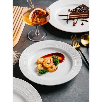 純白陶瓷盤牛排餐盤意面盤西餐盤圓盤菜盤線紋平盤商用中餐盤子