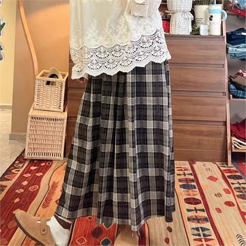RXran 日系老花格紋棉麻梭織闊腿褲裙2025秋冬疊穿神器復古百搭