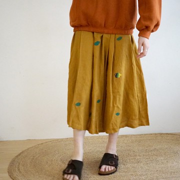 超可愛芥末黃色 亞麻口袋打褶設計感 印花褲裙- 星球 / 森林印花
