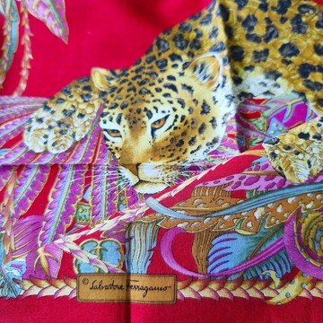 Salvatore Ferragamo 古董手帕 - 豹紋叢林印花，義大利製造