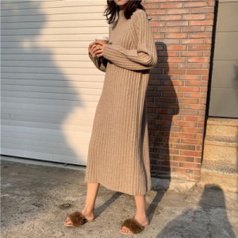 ニットワンピース ワンピース リブニット ロングワンピース ニット ハイネック 長袖 ミモレ丈 あったかコーデ Mme4531 通販 Lineポイント最大3 0 Get Lineショッピング