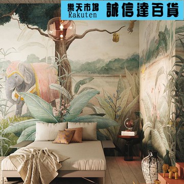 壁紙 壁貼 進口壁畫大象建築牆布壁布客廳臥室熱帶雨林風景壁紙背景