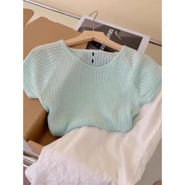 曼波綠冰絲針織衫短袖女后背鏤空小飛袖短款上衣2025夏季正肩t恤