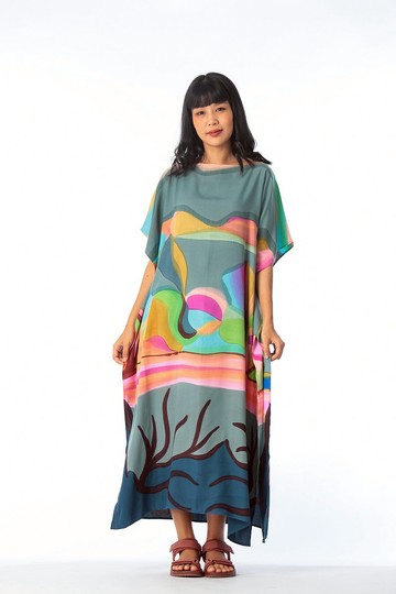Hand Painted Cotton Silk Kaftan for Summer Resort Vacation F