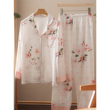 冰絲睡衣女薄款春夏季絲滑夏長袖長褲兩件套涼感可外穿家居服套裝