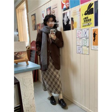 清倉！ifbeer奶酪黃復古格子裙高腰ins韓半身裙秋冬長款女寬松