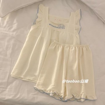 ins方領吊帶甜美風睡衣女夏季薄款帶胸墊純棉日系寬松大碼家居服