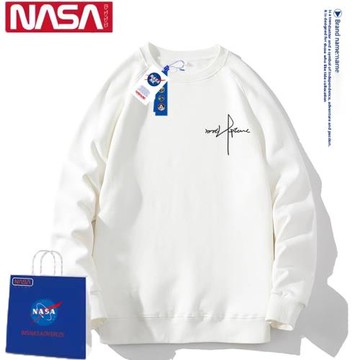 NASA潮牌高級感白色衛衣男士圓領秋冬季加絨加厚大碼套頭上衣服男