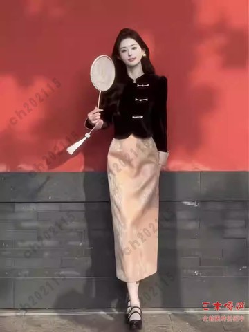 旗袍 秋冬洋裝 古風 尾牙禮服 新中式國風套裝秋季氣質顯瘦斜門禁短款上衣外套+半身裙兩件套女長袖洋裝