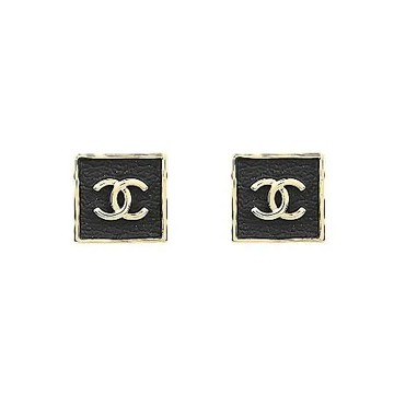 CHANEL CC LOGO金屬方框搭配皮革設計穿式耳環(金x黑)