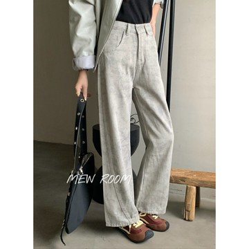 高腰直筒牛仔褲♡現貨♡水洗感寬褲 渲染寬鬆直筒褲 顯瘦百搭寬鬆版型 女生休閒長褲 冷灰復古水洗牛仔褲 MEW ROOM