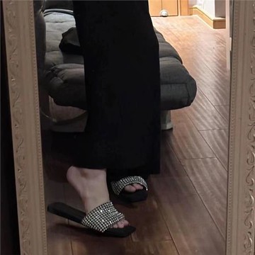 瘋狂星團Burning~法式氣質涼拖女夏季新款一字面水鉆平底外穿拖鞋