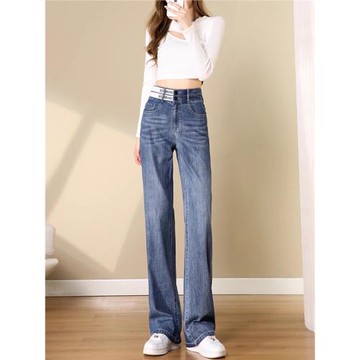 窄版直筒牛仔褲女2025年新款春秋季高腰顯瘦闊腿褲小個子加絨褲子