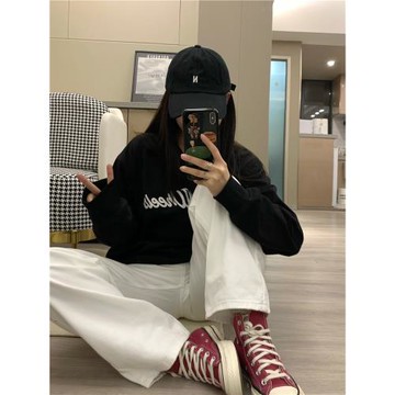 純哥家美式黑色圓領衛衣女2025年春季新款印花潮牌寬松長袖上衣