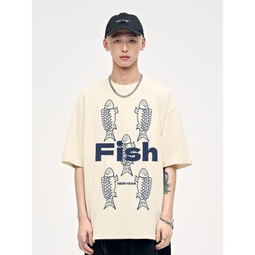 山小川潮牌t恤短袖男夏季潮流寬松魚圖案半袖衣服純棉男生體恤