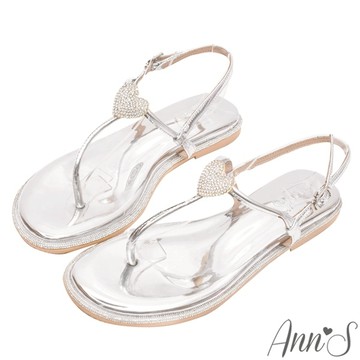 Ann’S鑽石圍邊寬版-立體愛心平底夾腳涼鞋1cm-銀