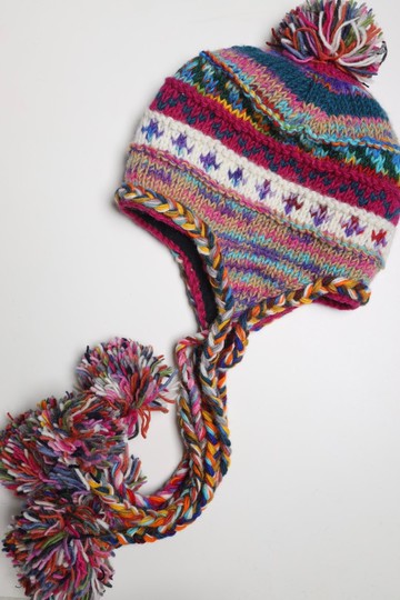 粉嫩七彩七球純羊毛線手工編織全襯防風毛帽子護耳帽|保暖交換禮