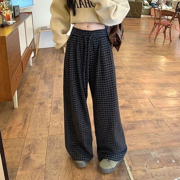 【C. shop】復古小味道✩˻˳˯ₑ˚* 暖暖time 秋冬復古藍灰格加厚加絨格紋寬管褲 特價  9D