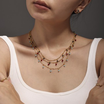 宏雲Hongyun- Xyx- 手工天然石小珠子鎖骨超細項鍊雙層疊戴鍍18k真金保色頸鏈