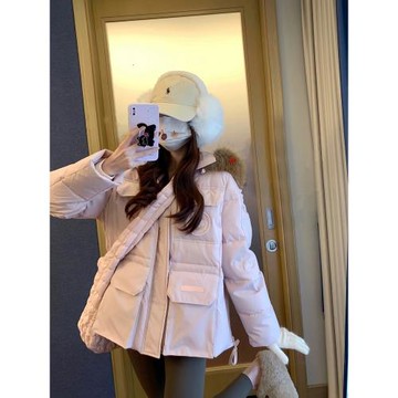 粉色大毛領白鴨絨沖鋒衣羽絨服女寬松百搭加厚工裝派克服外套冬季