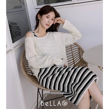 【初秋新品】BeLLA 橫條紋針織兩件式長洋裝 白色