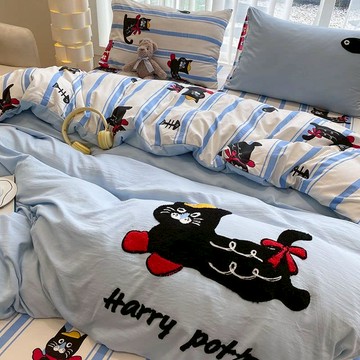 新款立體刺繡系列 藍底黑貓咪全棉刺繡床包四件套