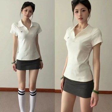臺灣出貨 多巴胺正肩popl衫收腰T恤女短袖白色夏季學院風新款修身顯瘦上衣夏季短袖女跑步短袖休閒短袖T恤女