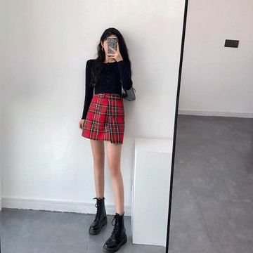 YoungGirlDay 歐美風復古紅綠格子半身包臀裙高腰一片式短裙