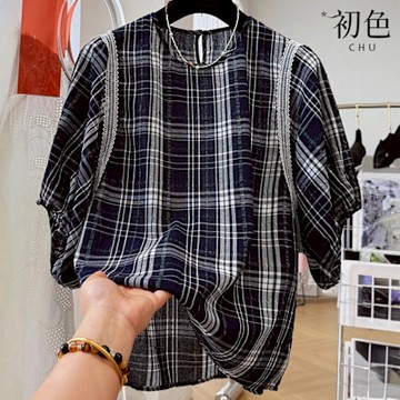 初色  韓系減齡格紋拼接蕾絲圓領短袖小衫襯衫上衣女上衣-藏青格-11852(M-2XL可選)