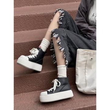 香港厚底小白鞋女高幫皮面休閑板鞋2025秋新款酷潮炸街爆款餅干鞋