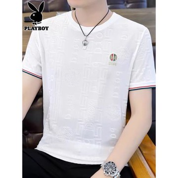 花花公子白色短袖t恤男士夏季薄款體恤衫潮流休閑冰絲圓領上衣男T