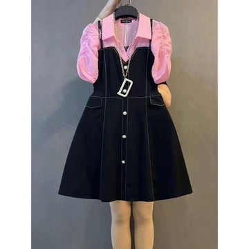 胖mm顯瘦襯衫領拼接設計款泡泡袖裙子夏裝大碼高級感減齡連衣裙女