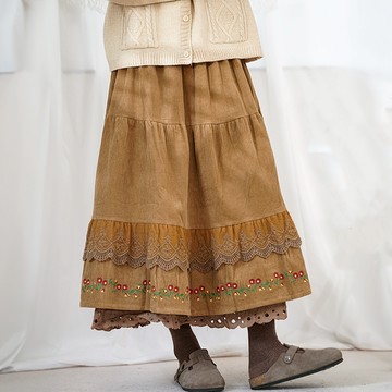 刺繡花邊雙層燈芯絨長裙351690