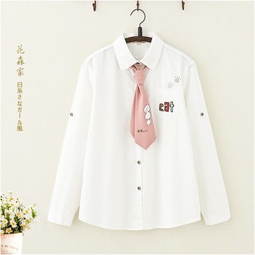 初中高中春裝新款可愛貓咪腳印領帶長袖襯衫學生少女百搭打底襯衣