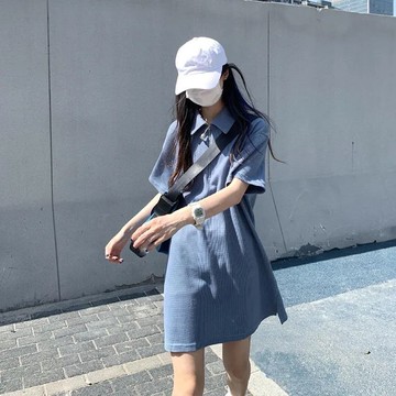 短袖連衣裙華夫格POLO領直筒洋氣純色簡約減齡短裙女新款夏季【倪醬】