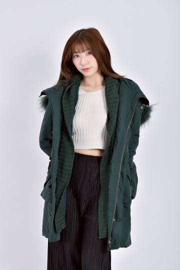 (M) sly質感羊毛兩穿連帽長版綠色外套