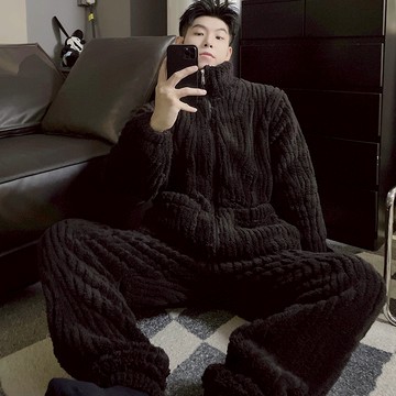 冬季睡衣 加厚保暖 加棉加絨 情侶款 法蘭絨男士睡衣秋冬款珊瑚絨加厚加絨冬季男生保暖大碼家居服套裝