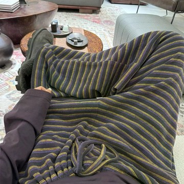 ins 韓系 少女撞色軟糯糯長褲女 秋冬款 高腰針織條紋長褲 條紋珊瑚絨家居褲 秋冬長褲 闊腿褲