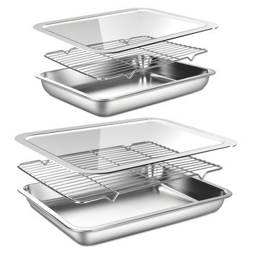 WAGENSTEIGER 免清研磨劑不鏽鋼方形調理盤附PC上蓋2件組 (No.03+No.04)  2個托盤 + 2個架子 + 2個PC蓋  1組