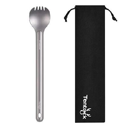 Tentock Titanium Long Handle Spoon Spork for Backpacking Meal Ultralight Camping Flatware Cooking Utensils Multifunctional Tableware with Storage Bag