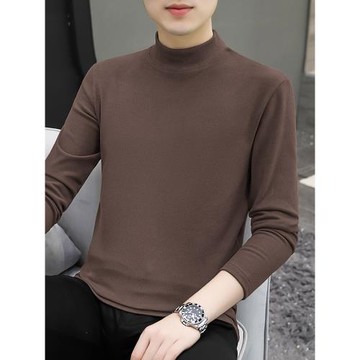 2025新款半高領衛衣男純色寬松潮流百搭保暖雙面德絨中領長袖t恤