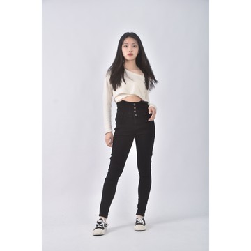 (L) 高腰丹寧牛仔質感高腰黑色長褲二手衣