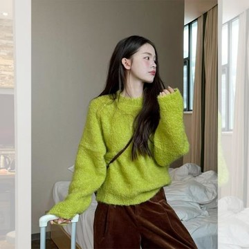 法式綠色軟糯加厚套頭大毛衣女秋冬外穿寬松慵懶風奶fufu針織上衣